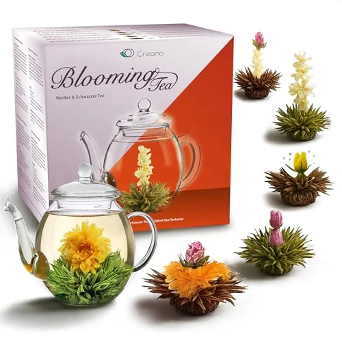 Creano Blooming Tea Gift Set - Flowering Giftset With 500 ml Glass Pot and 6 Flowers - Black & White Tea