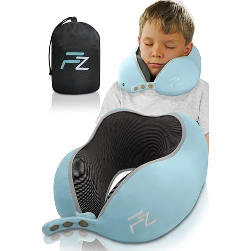 FLOWZOOM Comfy Kids Cuscino da Viaggio per Bambini – Cuscino per Aereo e Auto in Schiuma Memory con Larghezza Regolabile, Fodera Vellutata Lavabile e Sacchetto in Rete – Blu, Taglia M (de 6 anni)