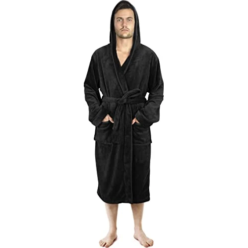Męski szlafrok z kapturem NY Threads, miękki polar, męski szlafrok, bielizna nocna i szlafroki (czarny, duży)