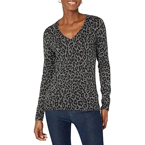 Offerta a tempo: Amazon Essentials Maglione Leggero con Scollo a V Maniche Lunghe Donna, Grigio Puntinato Stampa Leopardata, XL - 0.00% da 17.34 € a 17.34 €