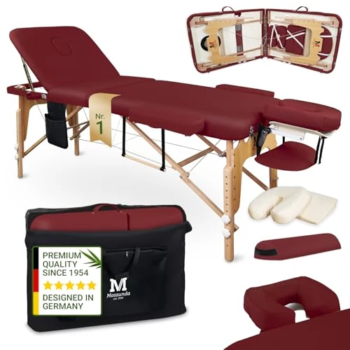 Offerta a tempo: MASSUNDA - Lettino da massaggio mobile pieghevole & regolabile a 3 zone - tavolino massaggio stabile legno massiccio - panca massaggi con poggiatesta ergonomico, copertura, bracciolo, cuscino (rosso) - 10% da 199.00 € a 179.00 €