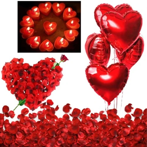 Offerta a tempo: Kit Romantico di 50 Candeline a Forma di Cuore + 1000 Petali di Rosa di Seta + 5 Palloncini Rossi - Decorazioni per Matrimonio, San Valentino e Fidanzamento - 0.00% da 12.95 € a 12.95 €