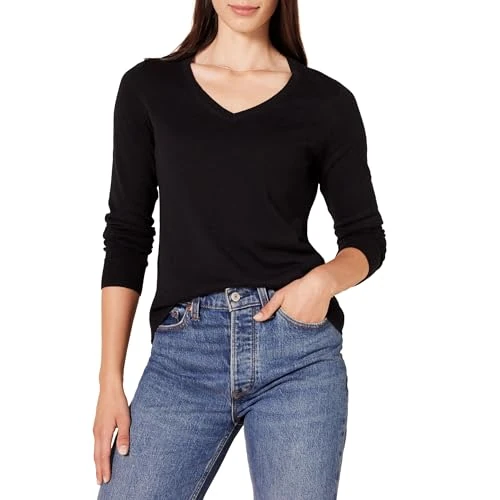 Limited-time offer: Amazon Essentials Women's Regular-Fit Lightweight V-Neck Long-Sleeve Jumper (Available in Plus Size), Black, XXL Plus from 17.70 GBP to 15.70 GBP (save 11%)