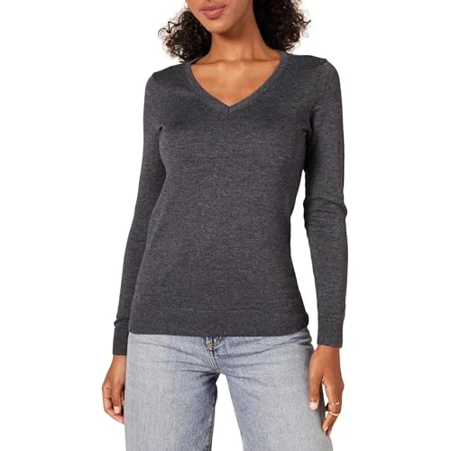 Amazon Essentials Women's Regular-Fit Lightweight V-Neck Long-Sleeve Jumper (Available in Plus Size), Charcoal Heather, XL Plus