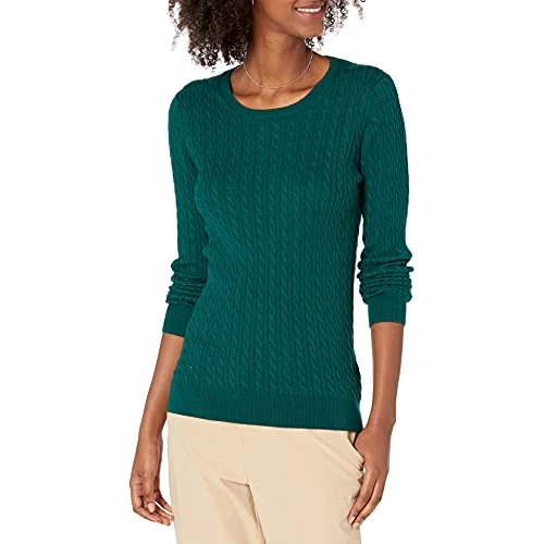 Offerta a tempo: Amazon Essentials Maglione Leggero a Maniche Lunghe con Lavorazione a Trecce Donna, Verde Scuro, S - 0.00% da 16.61 € a 16.61 €