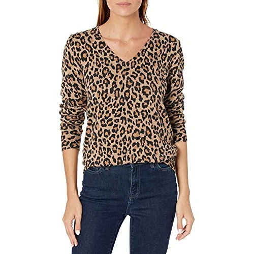 Offerta a tempo: Amazon Essentials Maglione Leggero con Scollo a V Maniche Lunghe Donna, Cammello Leopardata, L - 0.00% da 11.58 € a 11.58 €