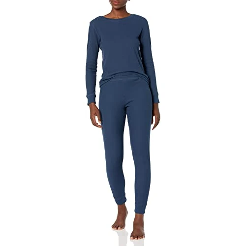 Amazon Essentials Mujer Pijama de Tela de Gofre de Corte Entallado, 2 Piezas, Manga Larga, Azul Marino, S