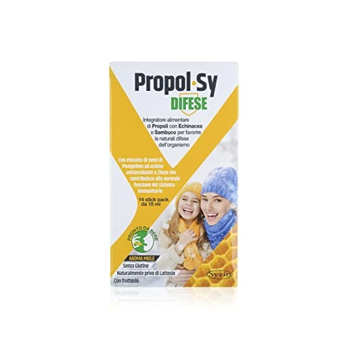 Syrio Integratori Alimentari, Propol-Sy Difese Integratore alimentare a base di Propoli,con Echinacea e Sambuco per favorire le Difese dell'Organismo, Adatto ai Bambini sopra i 6 anni,14 stickpack