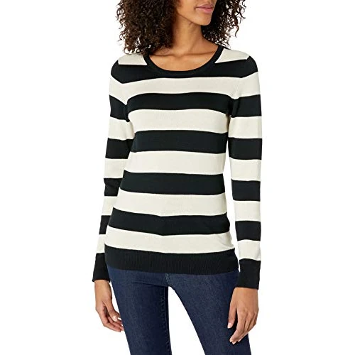 Amazon Essentials Women's Long-Sleeve Lightweight Crewneck Jumper (Available in Plus Size), Black Oatmeal Heather Rugby Stripe, S