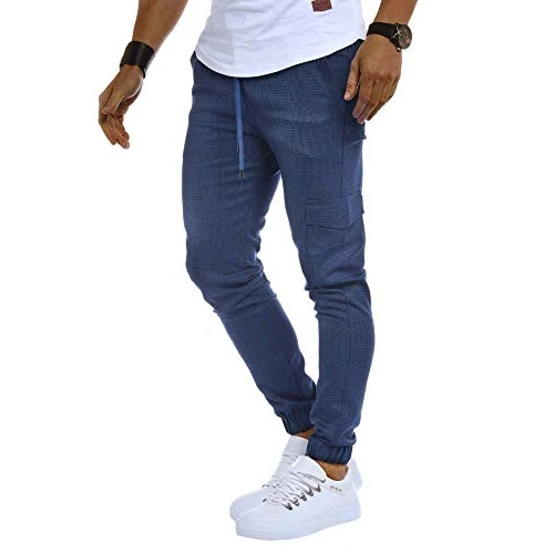 Leif Nelson LN8291 Pantalon de jogging chino avec poche cargo pour homme Coupe ajustée Motif à carreaux - Bleu - Medium