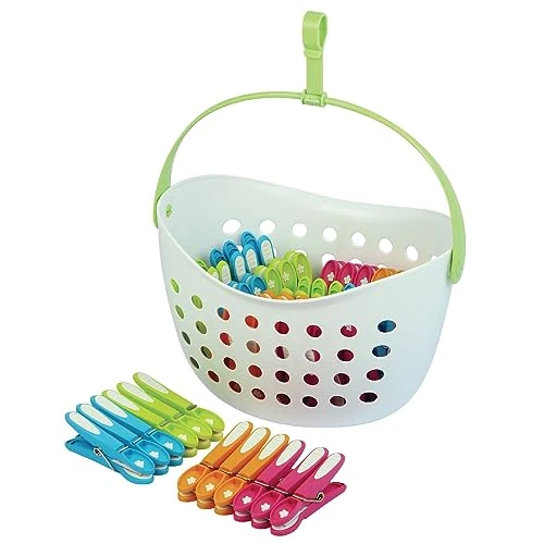 Offerta a tempo: LAGUELLE - Cesto con 48 mollette ANTISCIVOLO - Produzione francese - Cesto bianco - Pinze assortite (verde, blu, arancione, rosa) - 0.00% da 17.90 € a 17.90 €