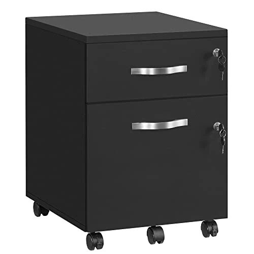 VASAGLE Lockable File Cabinet, Filing Pedestal with 2 Drawers, 5 Wheels, and Adjustable Hanging Rails, Textured Surface, for A4 and Letter Sized Papers, Home Office, Black LCD22BV1