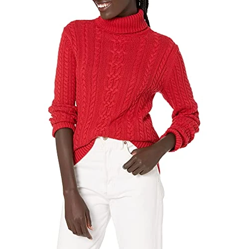 Limited-time offer: Amazon Essentials Women's Cable Knit Turtle Neck Jumper (Available in Plus Size), Red, L from 20.10 GBP to 14.44 GBP (save 28%)