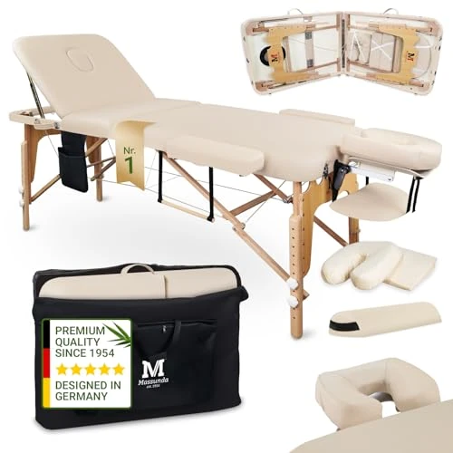 Offerta a tempo: MASSUNDA - Lettino da massaggio mobile pieghevole & regolabile a 3 zone - tavolino massaggio stabile legno massiccio - panca massaggi con poggiatesta ergonomico, copertura, bracciolo, cuscino (beige) - 10% da 199.00 € a 179.00 €