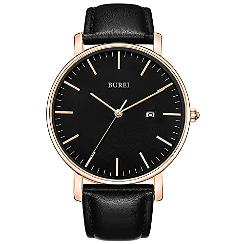 Limitiertes Angebot: BUREI Ultra Dünne Uhren Herren Analoges Datum Armbanduhr Herren mit Japanisches Quarzwerk, Geschenke für Männer (Roségold Schwarz, Leder) von 29.99 EUR auf 25.49 EUR (Spare 15%)