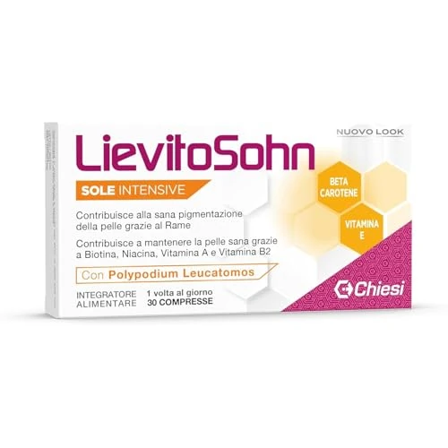 Offerta a tempo: Chiesi Farmaceutici Lievitosohn Sole Intensive - Integratore Alimentare per la Cura di Pelle e Capelli in Caso di Esposizione Solare, Senza Glutine - Confezione da 30 compresse - 22% da 15.47 € a 11.99 €