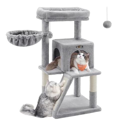 Offerta a tempo: Feandrea Albero per Gatti, Tiragraffi per Gatti, Pali e Rampa Graffiatoio in Sisal Naturale, 2 Pompon Sospesi, Grotta, Cesto, Trespolo di Peluche, Grigio Chiaro PCT51W - 20% da 45.99 € a 36.79 €