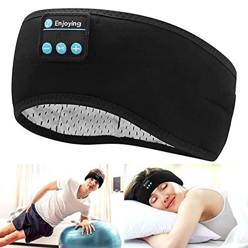 E-More - Diadema inalámbrica Bluetooth con Auriculares, Lavable, Ajustable, con absorción del Sudor, micrófono, Altavoces Integrados para Dormir, Deporte, música, Correr, Yoga, Llamadas, Viajes,Negro