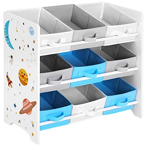 Zeitlich begrenztes Angebot: SONGMICS Kinderzimmerregal, Spielzeug-Organizer, Bücherregal für Kinder, mit 9 Aufbewahrungsboxen aus Fleece, Kinderzimmer, Schule, Kindergarten, 62,5 x 29,5 x 60 cm, Weltall-Motive, weiß GKR33WT von 29.99 € auf 25.49 € (15% R