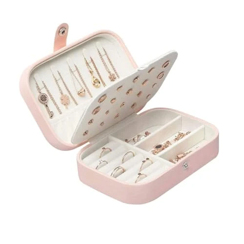 Lrikas Cajas Joyero Joyas de Viaje de Mujer Organizador de Niña Funda Pequeña de Joyería para Anillos Pendientes Collares Pulseras 16,5 x 11,5 x 5,5 cm (Rosa)