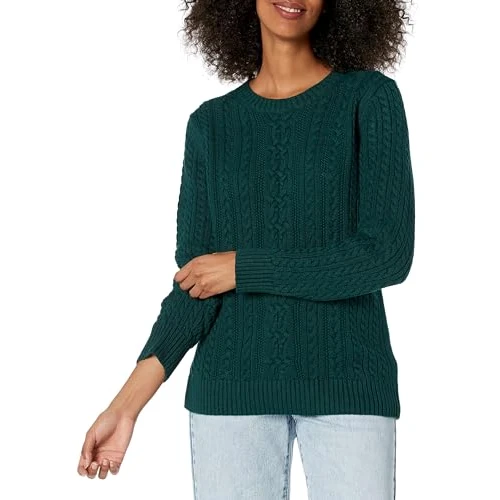 Amazon Essentials Maglione da donna a girocollo a maniche lunghe a trecce (disponibile in taglie forti), verde scuro, L