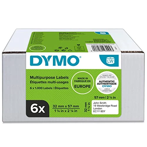Oryginalne etykiety uniwersalne DYMO LabelWriter | 32 mm x 57 mm | 6 rolek po 1000 łatwych do odklejenia etykiet (6000 sztuk) | Samoprzylepne | Do drukarek etykiet LabelWriter