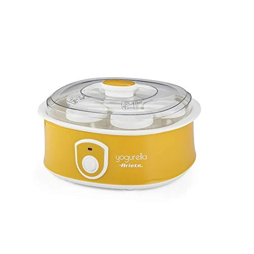 Ariete Yogurtera 617 de 1.3 litros, 7 tarros de cristal, tapa transparente, botón encendido apagado, compacta, 12 horas preparación, color amarillo blanco