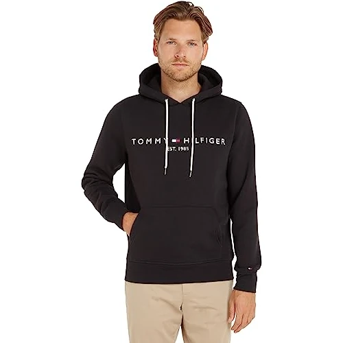Tommy Hilfiger Uomo Felpa Core Tommy Logo con Cappuccio, Nero (Jet Black), S