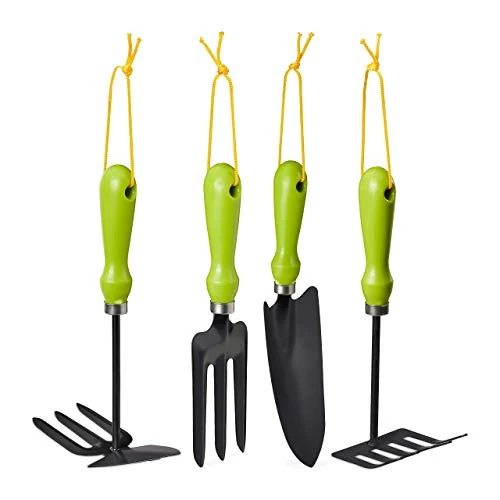 Offerta a tempo: Relaxdays Set Attrezzi Giardino, Kit da 4 pz., Tridente, Rastrello, Paletta & Zappetta, Giardinaggio, Ferro, Verde - 44% da 29.99 € a 16.67 €