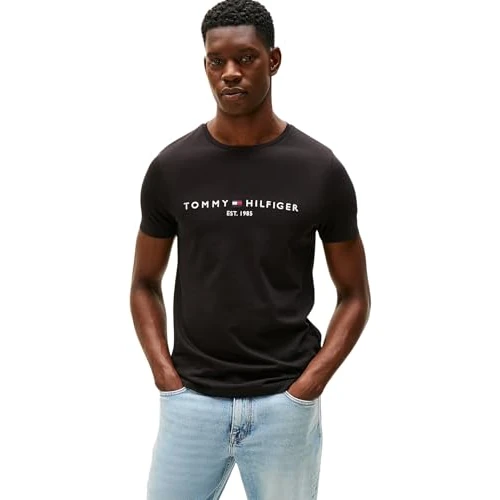 Tommy Hilfiger Herren T-Shirt Kurzarm Core Tommy Logo Rundhalsausschnitt, Schwarz (Jet Black), L