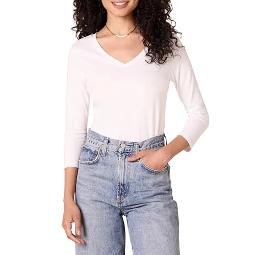 Offre limitée : Amazon Essentials T-Shirt à Manches 3/4, Col en V, Coupe Classique (Disponible en Grande Taille) Femme, Blanc, S de 10.66 € à 9.07 € (15% de remise)