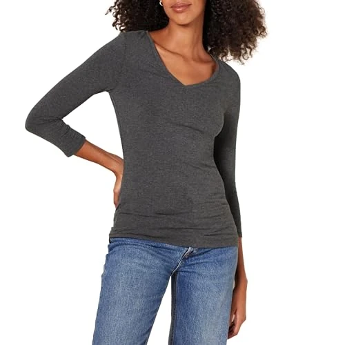 Zeitlich begrenztes Angebot: Amazon Essentials Damen-T-Shirt mit 3/4-Ärmeln und V-Ausschnitt (erhältlich in Übergröße), Kohlegrau meliert, XS von 14.60 € auf 14.60 € (0.00% Rabatt)