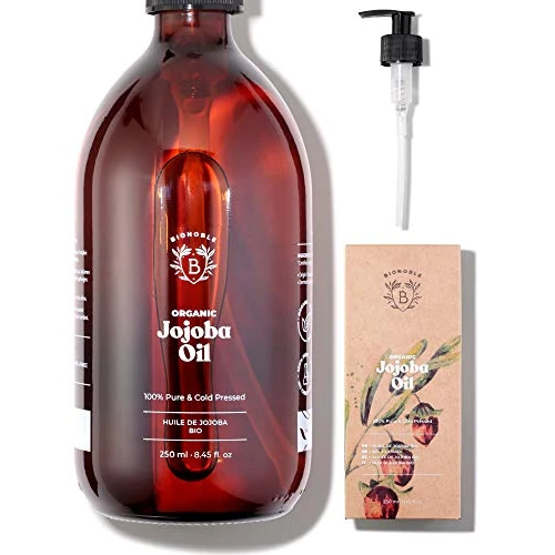 Bionoble Aceite de Jojoba Orgánico 250ml - 100% Puro, Natural y Prensado en Frío - Rostro, Cuerpo, Cabello, Barba, Uñas - Vegano y Cruelty Free - Jojoba Oil - Botella de Vidrio + Bomba
