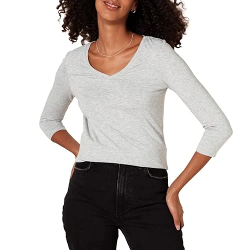 Amazon Essentials Women's Classic-Fit 3/4 Sleeve V-Neck T-Shirt (Available in Plus Size), Light Grey Heather, Medium