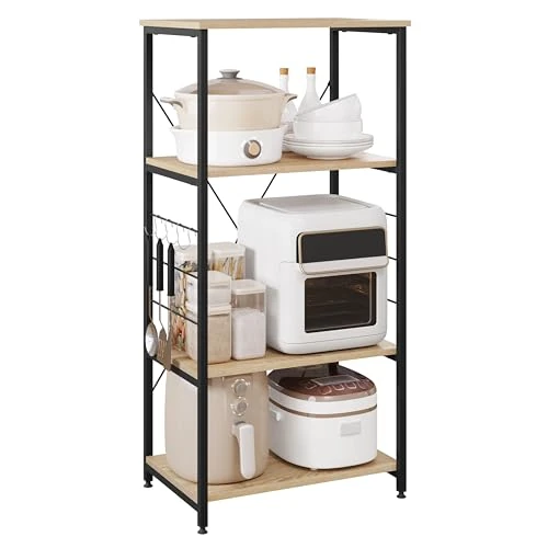 WOLTU Kitchen 4 Shelves Unit Storage Microwave Shelf, Heavy Duty Storage Freestanding Unit Corner Shelves Unit MDF Wooden and Steel Made Oak Colour RGB9365hei