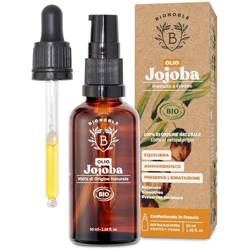 BIONOBLE Jojobaöl Bio Kaltgepresst 100% Rein - Reguliert Sebum, Pflegt Sanft, Anti-Pickel - Jojobaöl Haare, Gesicht, Körper, Nägel - Hexanfrei, Vegan Jojoba Oil - Glasflasche, Pipette, Pumpe - 50ml