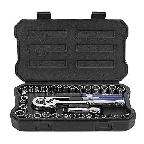 Oferta limitada: WORKPRO - Juego de llaves de vaso, Cr-V, 9,5 mm (1/4'') y 6,35 mm (3/8'') y tinquete de liberación rápida (39 piezas) de 22.99 € a 19.54 € (ahorro 15%)