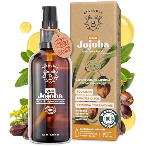 BIONOBLE Huile de Jojoba Bio Pressée à Froid 100% Pure - Équilibre le Sébum, Adoucit, Anti-Acné - Huile Jojoba Cheveux, Visage et Corps - Vegan Oil - Flacon Verre avec Pompe et Pipette - 100ml
