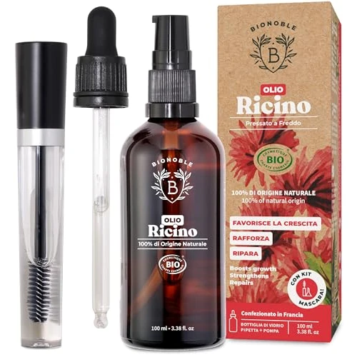 BIONOBLE Organic Castor Oil Cold Pressed + Mascara Kit - Hexane Free, 100% Natural - Pure Castor Oil Organic for Eyelashes, Hair Growth, Eyebrows, Skin, Face - Glass Bottle, Pipette and Pump - 100ml