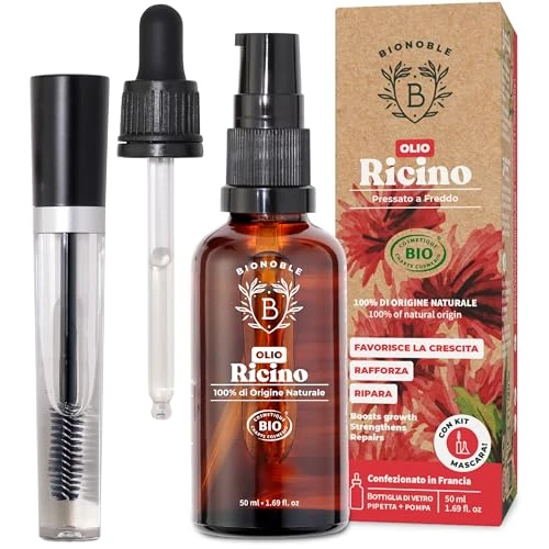 BIONOBLE Aceite de Ricino Organico + Kit de Rímel, Prensado en Frío - Pestañas, Cabello, Cejas - Vegan Castor Oil - Aceite de Ricino 100 Puro y Natural - Botella de Vidrio, Pipeta, Bomba - 50ml