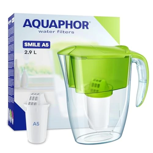 AQUAPHOR Smile Caraffa Filtrante per Acqua + 1 filtro A5 (350L) - Brocca da Capacità di 2,9L - Verde