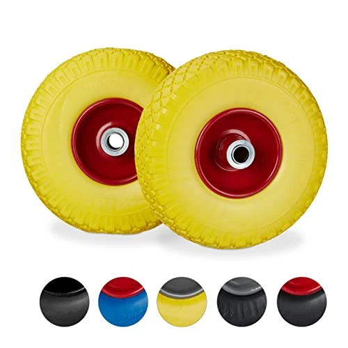 relaxdays 2 Ruote per Carrello Standard, in Gomma Antipanne, 3.00-4", ASSE 20mm, Max.150 kg, 260x85 mm, Giallo-Rosso