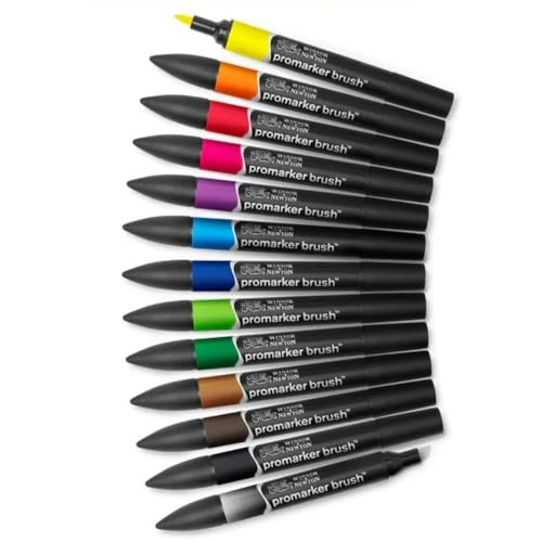 Winsor & Newton Promarker Brush - Set de Rotuladores de Doble Punta, Punta Pincel, Tinta Base Alcohol, 12 + 1 Blender, Colores Vibrantes