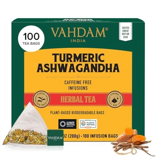 Offerta a tempo: VAHDAM, Tisane Curcuma e Ashwagandha (100 Bustine) Senza Caffeina | Tè alle erbe | Sottovuoto | Infusi e Tisane 100% Puri dal Gusto Dolce e Aromatico - 15% da 19.99 € a 16.99 €