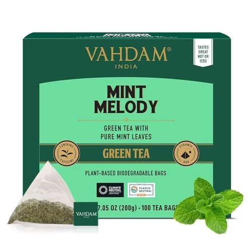 VAHDAM, Minze Grüntee, (100 Teebeutel) | GARTENFRISCH Minze Grüntee Beutel | LANGBLATT-GRÜNTEE Blätter | 100% NATÜRLICHE grünminze & Pfefferminzblätter | 100 Pyramide Minzteebeutel