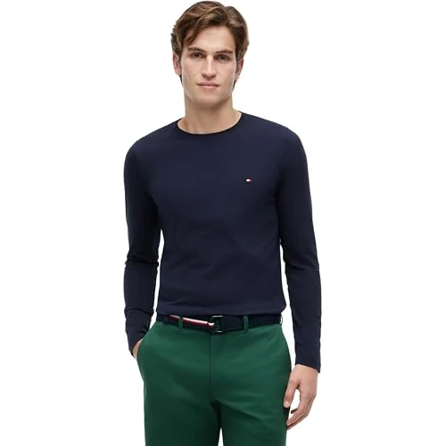 Tommy Hilfiger Uomo Maglietta Maniche Lunghe Stretch Slim Fit Cotone, Blu (Desert Sky), XL