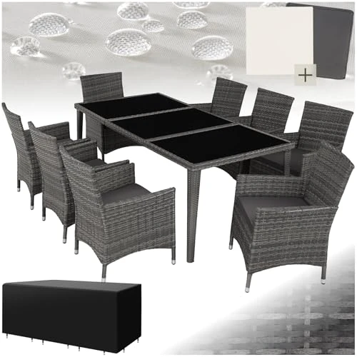 TecTake 8 chairs and 1 table luxury aluminium poly rattan garden furniture set outdoor wicker with glass + 2 sets for exchanging the upholstery (Grey)
