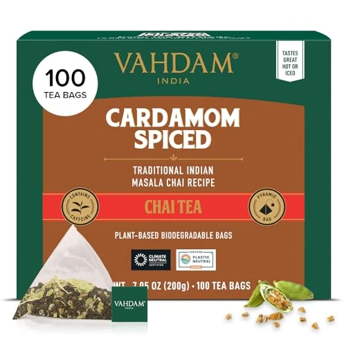 VAHDAM Té Chai Masala con Cardamomo | 100 Bolsitas Piramidales | Mezcla India de Té Negro con Cardamomo Triturado | Receta Original de India | 100% Natural