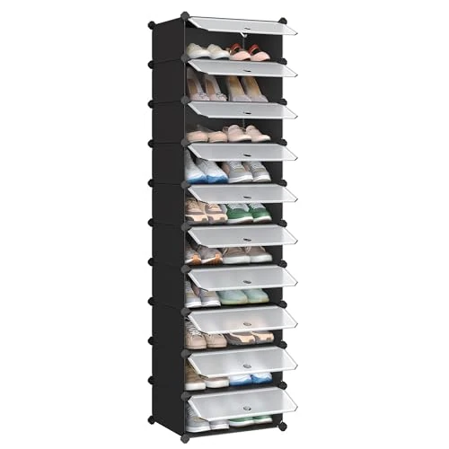 SONGMICS LPC10HV1 10-Compartment Shoe Rack, Modular Plastic Shelf, DIY Shoe Cabinet with Doors and Hammer