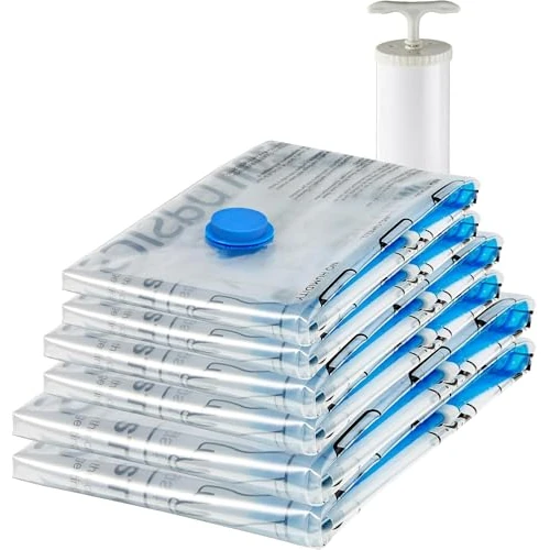Offerta a tempo: Amazon Basics Sacchetti sottovuoto con Pompa a Mano, Cerniera, Confezione da 6 (2 Jumbo, 2 Grandi, 2 Medi) Molteplici, Trasparente - 14% da 15.74 € a 13.49 €